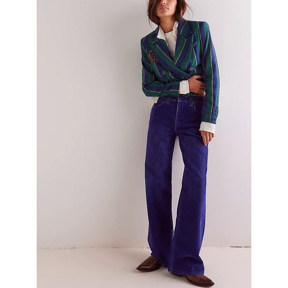 FREE PEOPLE We The Free Tinsley Baggy High Rise Flocked Jeans / Twilight Blue